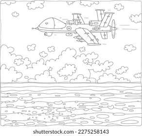 Modern pilotless drone flying over a surface of a sea, black and white outline vector cartoon illustration