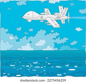 Modern pilotless military drone flying over a surface of a sea, outline vector cartoon illustration