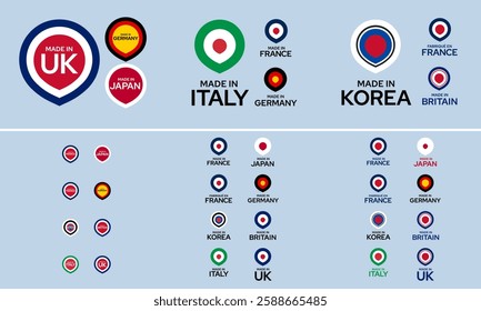 Modern “Made in” Pin Drop Style Labels - France, UK, Britain, Korea, Germany, Japan, Italy