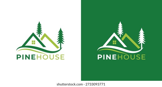 Modern Pine Tree and House Logo Template for Real Estate, Eco Property and Nature Home Branding