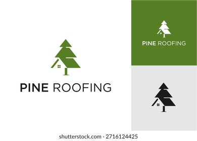 Logotipo moderno de cobertura de pinheiros com um pinheiro estilizado combinado com uma forma de telhado de casa. O design limpo e minimalista simboliza proteção, confiabilidade e conexão com a natureza. Apresentado em variações verdes e monocromáticas, isolado em um fundo branco, este logotipo de vetor plano é ideal para empresas de telhados, construção e serviços de melhoria da casa, negócios imobiliários, marcas de construção ecológicas e design de identidade corporativa.