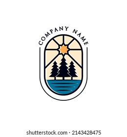 Modern pines and lake logo illustration design
