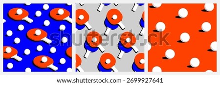 Modern Ping Pong Seamless Pattern Set. Vibrant Seamless Designs Featuring Red Paddles, White Balls, and Bold Blue, Gray, and Orange Backgrounds for Sporty, Playful, and Dynamic Visual Creations