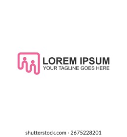 Modern pink abstract logo with two human figures inside a rounded square, forming flowing lines that resemble the letter M. Perfect for family, community, education, and creative branding identity