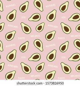 Modern pink avocado seamless pattern with text background. Trendy girly repeat design with tropical fruit clipart.