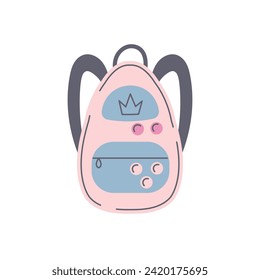 Ilustración vectorial de mochila rosa moderna. Bolsa de moda con insignias para adolescentes. Diseño con dibujos a mano. Accesorio de moda para niños, estudiantes, diseño de concepto escolar