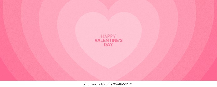 Modern pink banner with hearts. Happy Valentine's day template. Love theme grain background. Abstract art design. Geometric shapes. Tunnel of hearts. Vector illustration.