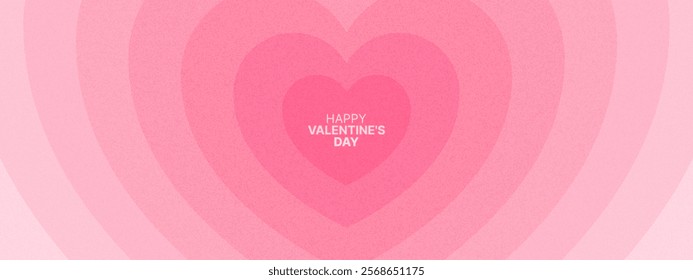 Modern pink banner with hearts. Happy Valentine's day template. Love theme grain background. Abstract art design. Geometric shapes. Tunnel of hearts. Vector illustration.