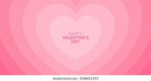 Modern pink banner with hearts. Happy Valentine's day template. Love theme grain background. Abstract art design. Geometric shapes. Tunnel of hearts. Vector illustration.