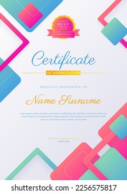 Modern pink and blue certificate of achievement award template with badge and border for business and corporate