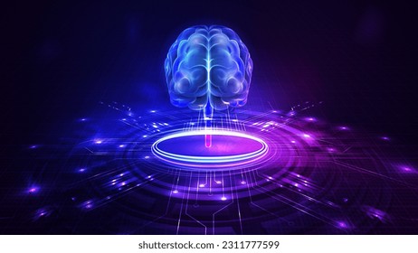 Modern pink and blue CPU in form of hologram brain on digital podium. Artificial Intelligence computer database concept in perspective. Tech Futuristic Template.