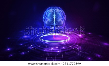 Modern pink and blue CPU in form of hologram brain on digital podium. Artificial Intelligence computer database concept in perspective. Tech Futuristic Template.