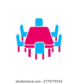 Modern pink and blue dining table with six matching chairs in a minimalist and vibrant style isolated on white background