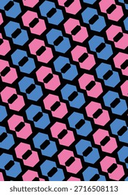 Modernos hexágonos interligados, cor-de-rosa e azul, dispostos em uma grade sobre uma base preta escura