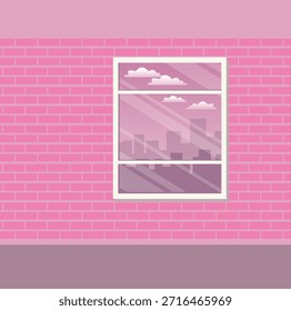 Muro de tijolos rosa moderno com uma grande janela que oferece uma vista de um horizonte minimalista da cidade e nuvens, fachada de arquitetura urbana contemporânea.
