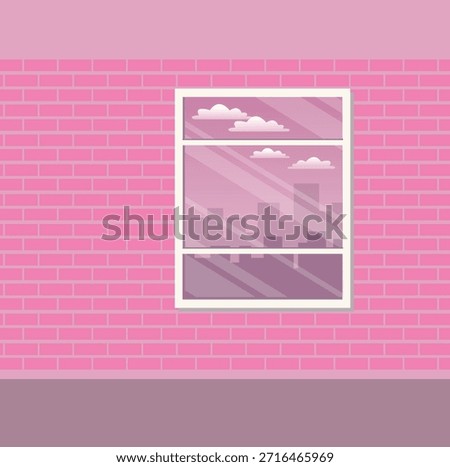 Modern pink brick wall with a large window offering a view of a minimalist city skyline and clouds, contemporary urban architecture facade.
