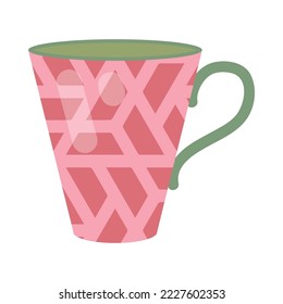 Moderna taza de cerámica rosa con ilustración de dibujos animados con mango verde. Una taza colorida y suave con un patrón para el café, el té o la matcha aislada en un fondo blanco. La vajilla para casa o cafetería, concepto de cocina