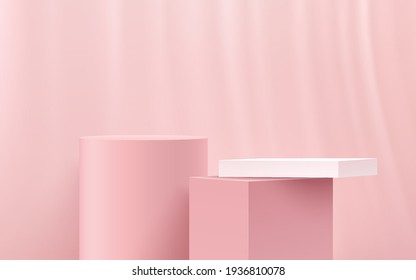 Modern pink cylinder, White cube pedestal podium, Light pink empty room with curtains decorate. Abstract vector rendering 3d shape, Cosmetic products display presentation. Pastel room minimal scene.