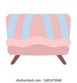 Modern pink daybed with blue stripes on a white background. Isolated vector illustration in a flat style. Retro-style. Furniture for apartments and offices. For interior design.