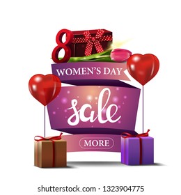 Modern pink discount banner to the women's day with balloons, gift and Tulip