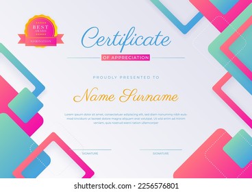 Modern pink and green turquoise certificate of achievement award template with badge and border for business and corporate