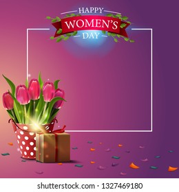 Modern pink greeting postcard template to the women's day with frame to text, bucket with tulips and gift