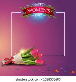 Modern pink greeting postcard template to the women's day with frame to text and bouquet of tulips