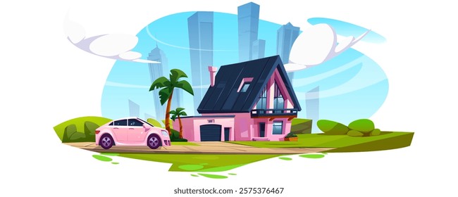 Modern pink house with dark roof and garage, car parked in driveway. Palm trees near suburban property on blue city skyline background. Green lawn surrounding residential building for real estate.