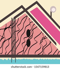 The modern pink house and pool.