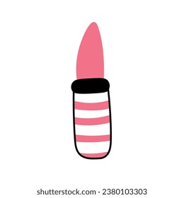 Lápiz de labios rosa moderno con estilo doodle. Elemento de maquillaje en tubo rayado. Producto de la industria de la belleza. Ilustración del vector