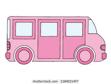 Modern pink minivan in doodle style. Hand Drawn. Freehand drawing. Sketch. Outline.	