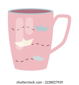 Modern pink mug with paper boat print cartoon illustration. Cute colorful cup for coffee or tea isolated on white background. Crockery for home or cafe, kitchen concept