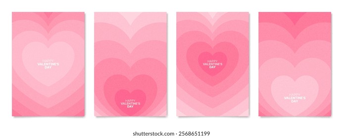 Modern pink posters with hearts. Happy Valentine's day cards template. Love theme grain background. Abstract art design. Geometric shapes. Tunnel of hearts. Vector illustration.