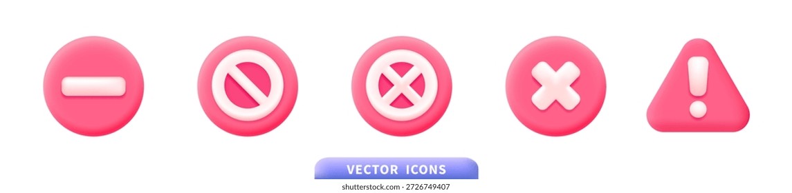 Moderne rosa Pseudo 3D-Warn- und Fehlersymbole mit Minus-, Kreuz-, Verbots- und Ausrufezeichen. Minimaler UI-Symbolsatz für mobile Apps, Websites und Print, einzeln auf weißem Hintergrund.