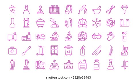 Modern pink science icon collection with laboratory equipment microscope test tubes and chemical glassware on white backdrop.