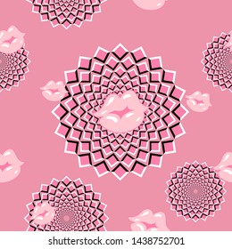 Modern pink seamless pattern with amusing lips and optical illusion of movement. Can be used for  textile, fabric, wrapping, packing. Style op art.