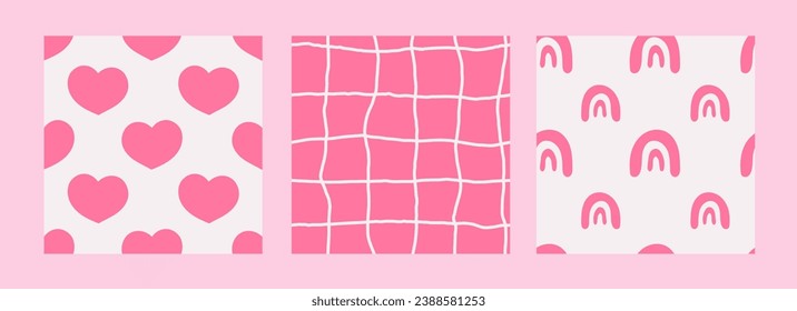 Modern pink seamless patterns set. Trendy 90s and Y2k childish pinkcore endless backgrounds collection. Checkered repeat vector illustration with hand drawn hearts and rainbows