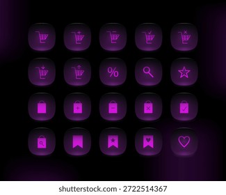 Conjunto de iconos de Botón de Web de compras rosa moderno con estilo de morfismo de vidrio brillante. Botones de interfaz de usuario redondeados para App, Sitios web, paneles e interfaces digitales.