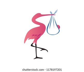 Modern Pink Stork Carrying A Baby Logo Illustration In Isolated White Background