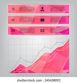 Modern pink triangular style Business Infographics with business statistics chart showing various visualization graphs.