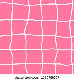 Modern pink twisted seamless pattern with grid. Trendy 90s and Y2k pinkcore endless background. Checkered repeat vector illustration with hand drawn curves and lines