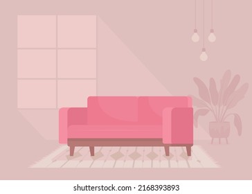 Moderno sofá de terciopelo rosado con ilustración vectorial de color plano. Decoración de salón. Un sofá contemporáneo. Completamente editable interior de dibujos animados 2D simple con ambiente acogedor y gran ventana en segundo plano