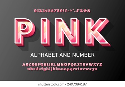 Modern pink volumetric 3d alphabet with a thin outline and stripes inside. Chic urban 3D font with signs, symbols and numbers. 