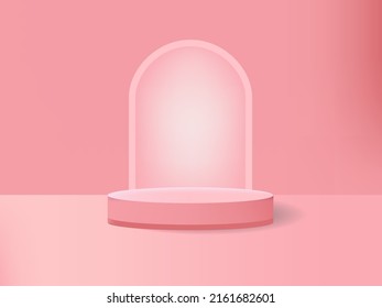 Modern pink, white cylinder pedestal podium with arch shape backdrop.