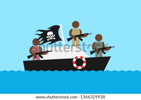 Modern piracy - armed pirates with machine gun are on motorboat. and vessel. Illegal criminality on sea and ocean.  Vector illustration
