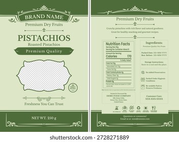 Etiqueta moderna del empaquetado del pistacho con la marca delantera y los hechos de la nutrición de la parte posterior para el empaquetado del bocado y de la compra.