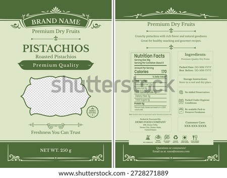Modern pistachio packaging label with front branding and back nutrition facts for snack and grocery packaging.