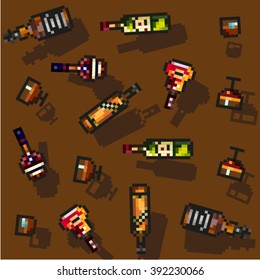 Modern pixel art flat alcohol vector cognac, whiskey, bourbon, scotch glasses set