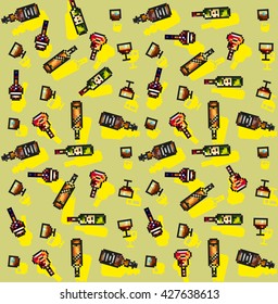 Modern pixel art flat alcohol vector cognac, whiskey, bourbon, scotch glasses set background, wallpaper, pattern