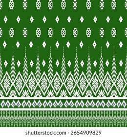 Modern pixel art meets classic elegance in this unique green and white pattern. Pixel art textile design, ideal for backgrounds, fashion, and cultural themes. Vector art pattern .